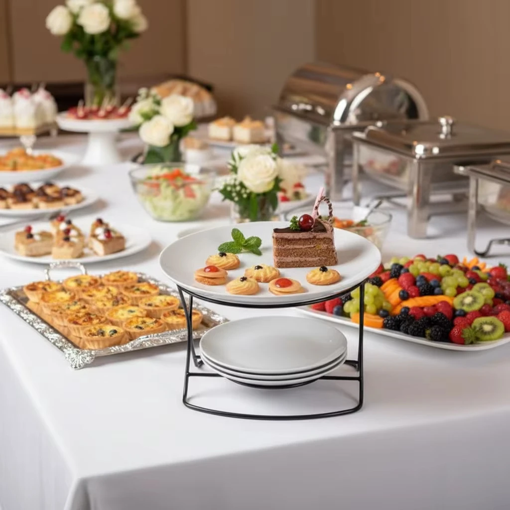 stackable-ceramic-plates-with-metal-serving-stand-for-hotel-buffet-display