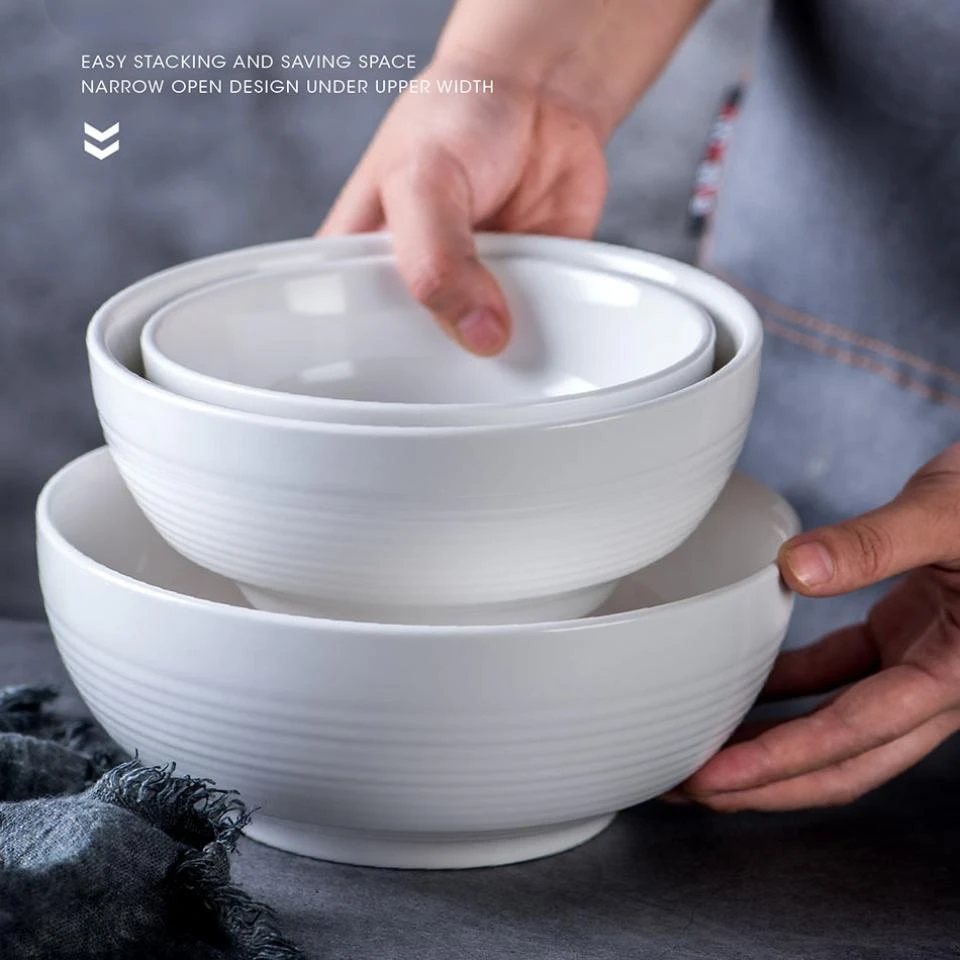 White Horizontal Ribbed Ceramic Serving Bowl, stacked multi-size set for wholesale restaurant catering tableware supply