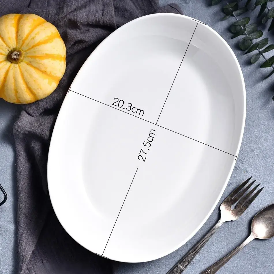 White Oval Ceramic Salad Bowl showing length and width measurements, catering tableware specification image
