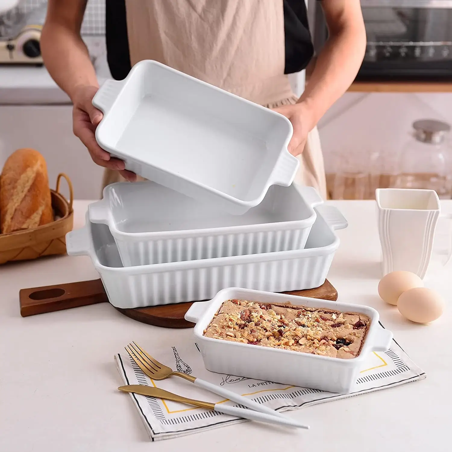 Wholesale ceramic 4-Piece White Rectangular Ceramic Baking Dish Set with Handles - Oven Safe Stackable Bakeware for Horeca bulk buyers