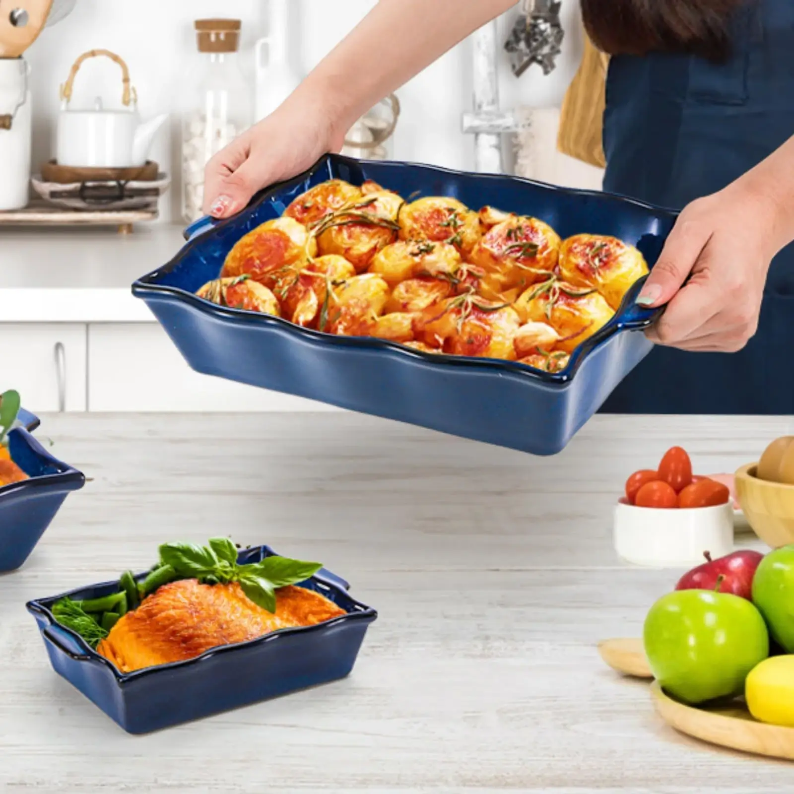 Wholesale ceramic 3-Piece Blue Ceramic Baking Dish Set - Oven Safe Bakeware for Roasting & Cooking for Horeca bulk buyers