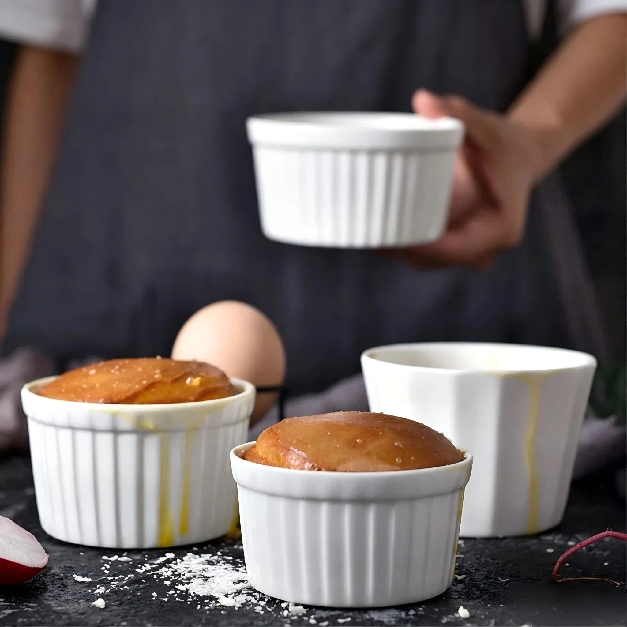 Wholesale ceramic White Fluted Ceramic Ramekin LFGB Oven Safe Baking Bowl for Horeca bulk buyers